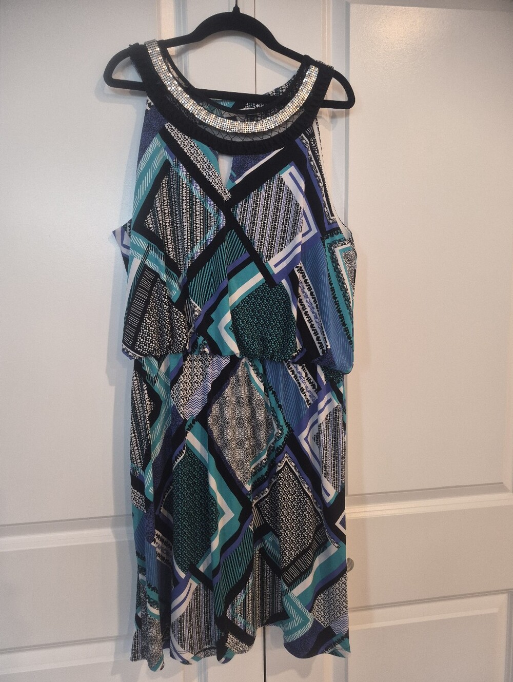 Studio One Beaded-Neckline Geometric Midi Dress - Blue/Teal/Black studio one new